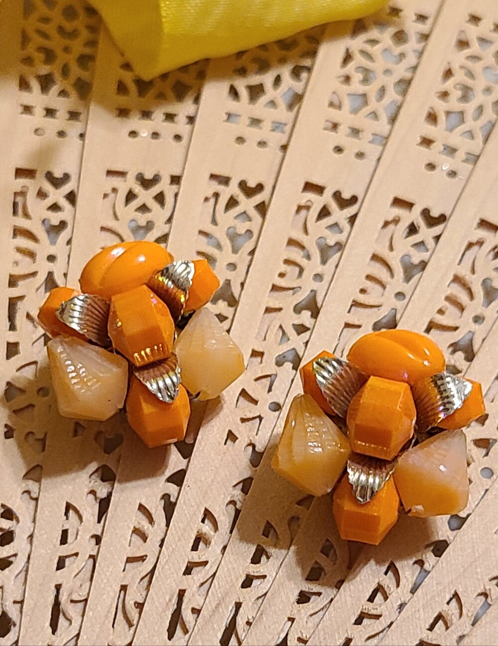 Vintage Cluster Clip Earrings in Orange and Cream